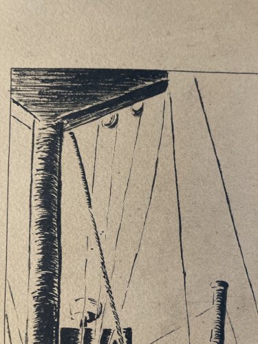 Dessin Encre noire 1920 brazza Bateau marine canneau bouée Art Deco