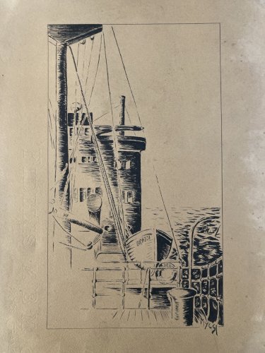 Dessin Encre noire 1920 brazza Bateau marine canneau bouée Art Deco