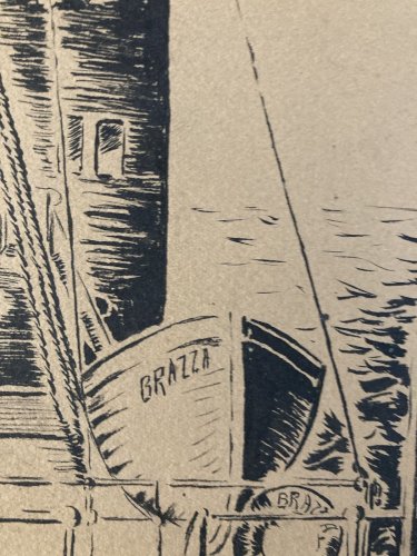 Dessin Encre noire 1920 brazza Bateau marine canneau bouée Art Deco