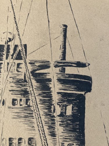 Dessin Encre noire 1920 brazza Bateau marine canneau bouée Art Deco