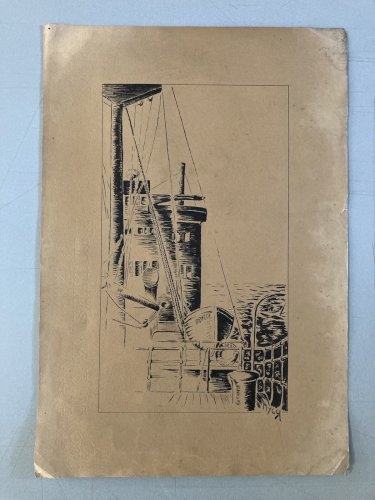 Dessin Encre noire 1920 brazza Bateau marine canneau bouée Art Deco