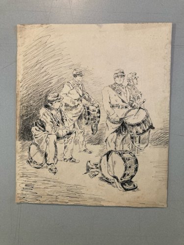 Dessin Encre Papier Instrument Musique Fanfare Militaria Drawing XIXe Art Ancien