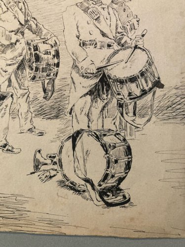 Dessin Encre Papier Instrument Musique Fanfare Militaria Drawing XIXe Art Ancien