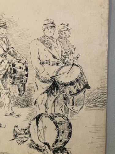 Dessin Encre Papier Instrument Musique Fanfare Militaria Drawing XIXe Art Ancien