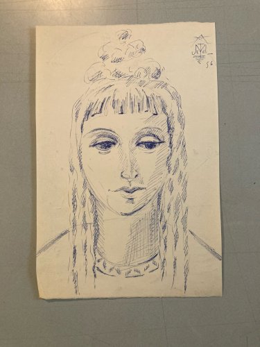 dessin Encre Papier Jeune Fille Femme Portrait Buste Ancien 1956 A Identifier