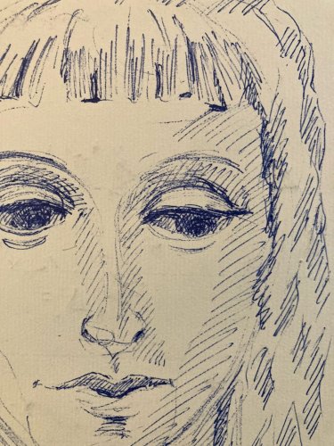 dessin Encre Papier Jeune Fille Femme Portrait Buste Ancien 1956 A Identifier