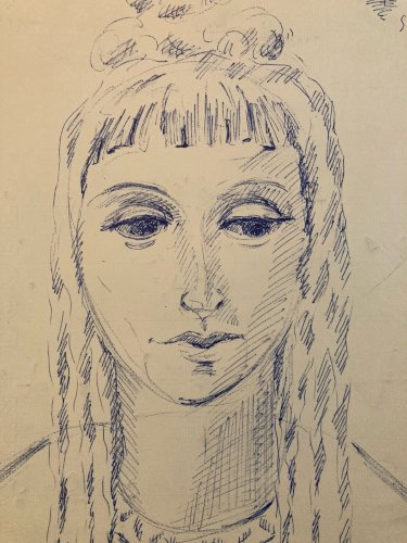 dessin Encre Papier Jeune Fille Femme Portrait Buste Ancien 1956 A Identifier