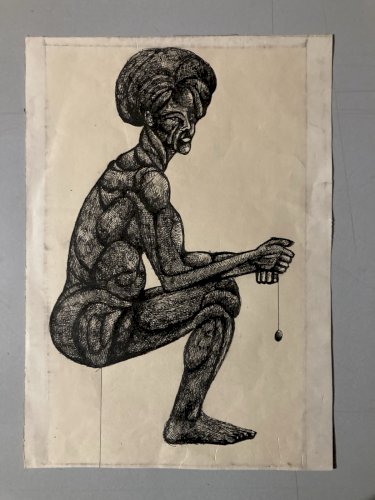 Dessin encre Papier Portrait Homme 1960 Art Brut Muscle Nu Pendule XXe