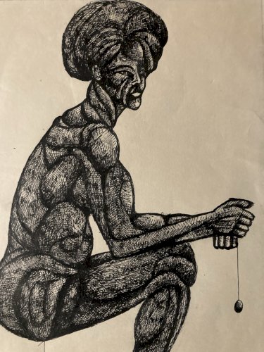 Dessin encre Papier Portrait Homme 1960 Art Brut Muscle Nu Pendule XXe