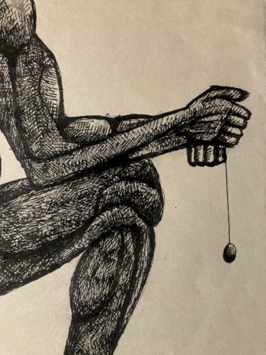 Dessin encre Papier Portrait Homme 1960 Art Brut Muscle Nu Pendule XXe