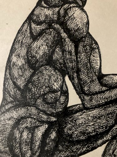 Dessin encre Papier Portrait Homme 1960 Art Brut Muscle Nu Pendule XXe
