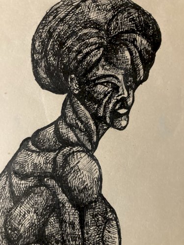 Dessin encre Papier Portrait Homme 1960 Art Brut Muscle Nu Pendule XXe