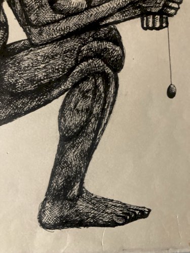 Dessin encre Papier Portrait Homme 1960 Art Brut Muscle Nu Pendule XXe