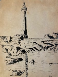 Dessin Encre Phare d'Eckmühl Papier Art Finistère Bretagne Eckmuhl 1960