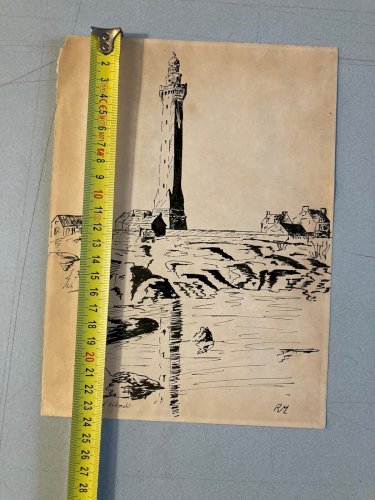 Dessin Encre Phare d'Eckmühl Papier Art Finistère Bretagne Eckmuhl 1960