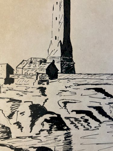 Dessin Encre Phare d'Eckmühl Papier Art Finistère Bretagne Eckmuhl 1960