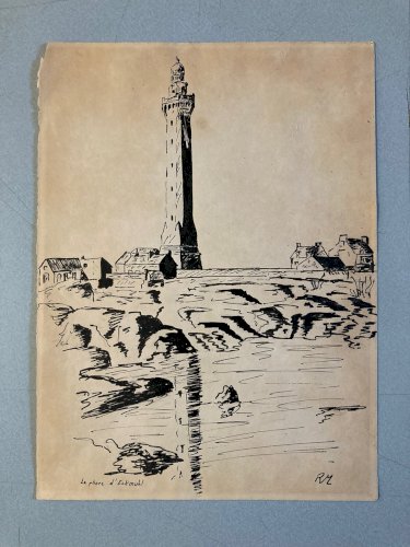 Dessin Encre Phare d'Eckmühl Papier Art Finistère Bretagne Eckmuhl 1960