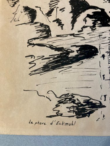 Dessin Encre Phare d'Eckmühl Papier Art Finistère Bretagne Eckmuhl 1960