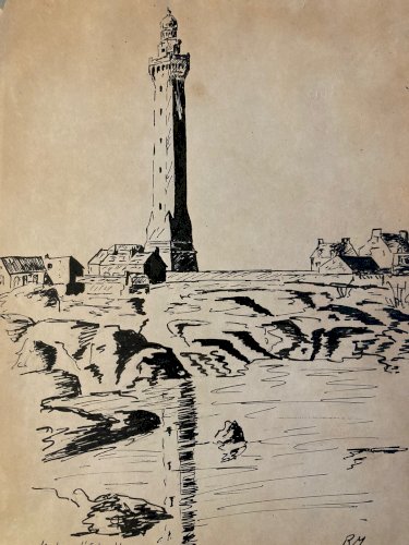 Dessin Encre Phare d'Eckmühl Papier Art Finistère Bretagne Eckmuhl 1960