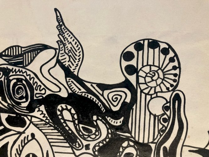 Dessin Encre Portrait  Cubiste Post Cubisme Papier 1980 Art À Identifier