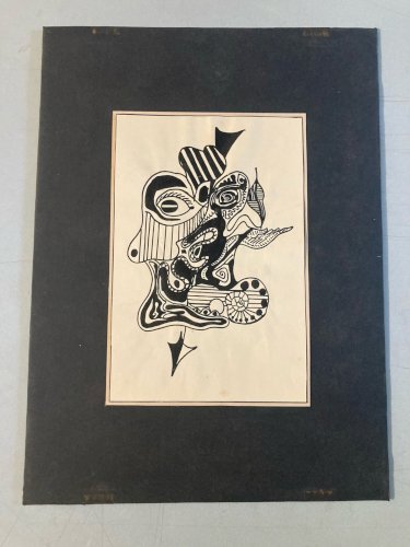 Dessin Encre Portrait  Cubiste Post Cubisme Papier 1980 Art À Identifier