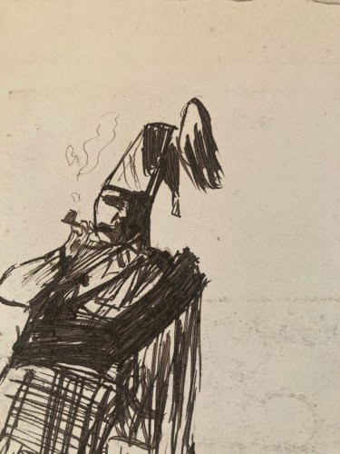 Dessin Encre Portrait Homme Expressionniste Art Zouave A La Pipe Drawing Xixe