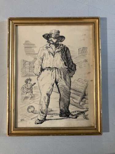 Dessin Encre Portrait Homme Le Chourineur 1950 A Identifier Ancien Art