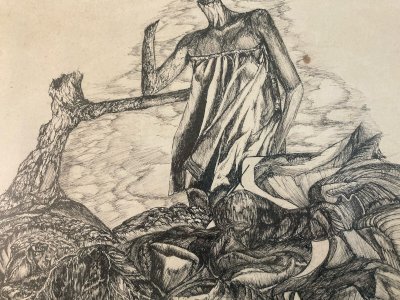Dessin  Encre Stylo Antique Art Brut Outsider 1980 Surréaliste Corps Tête