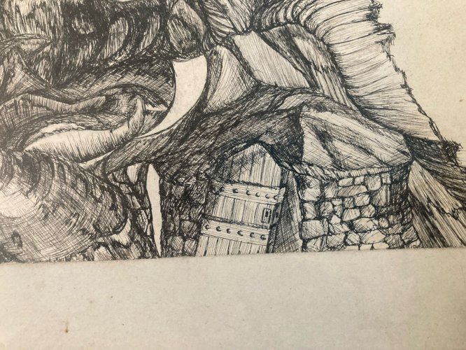 Dessin  Encre Stylo Antique Art Brut Outsider 1980 Surréaliste Corps Tête