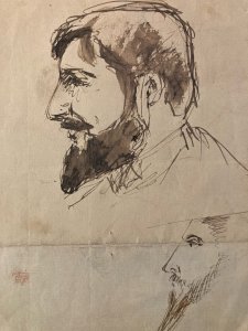 Dessin encre XIXe portrait Buste Barbe Drawing Ancien Old Art Original Tête