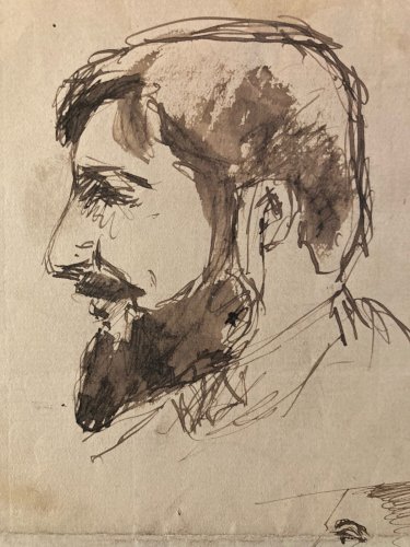 Dessin encre XIXe portrait Buste Barbe Drawing Ancien Old Art Original Tête