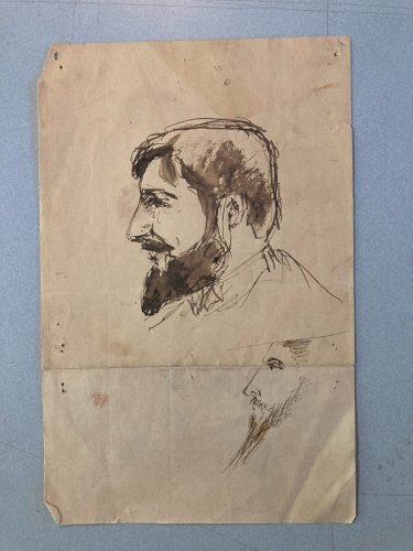 Dessin encre XIXe portrait Buste Barbe Drawing Ancien Old Art Original Tête