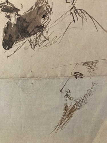 Dessin encre XIXe portrait Buste Barbe Drawing Ancien Old Art Original Tête