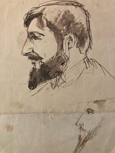 Dessin encre XIXe portrait Buste Barbe Drawing Ancien Old Art Original Tête