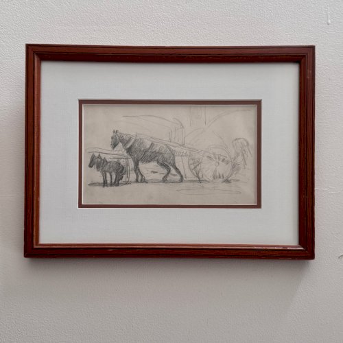 Dessin esquisse représentant un attelage avec des chevaux de trait XXe A4545