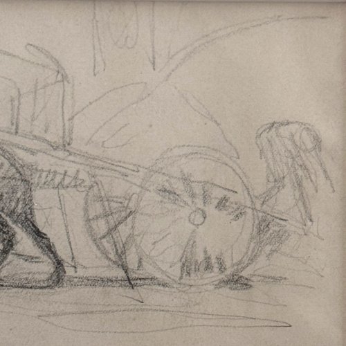 Dessin esquisse représentant un attelage avec des chevaux de trait XXe A4545