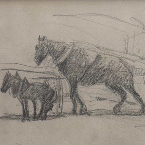 Dessin esquisse représentant un attelage avec des chevaux de trait XXe A4545