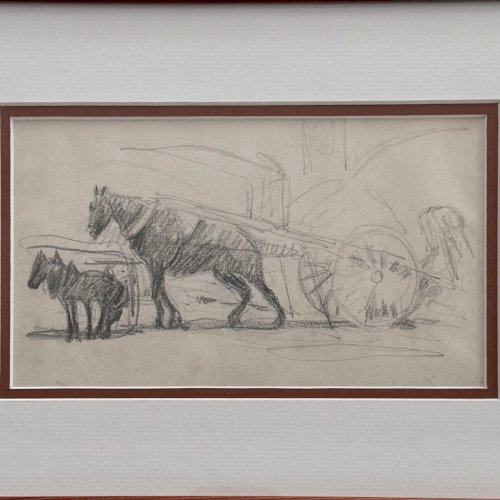 Dessin esquisse représentant un attelage avec des chevaux de trait XXe A4545