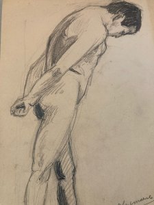 Dessin Expressionniste Portrait Crayon Papier Homme  1913 Art Déco Etude Drawing