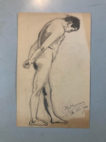 Dessin Expressionniste Portrait Crayon Papier Homme  1913 Art Déco Etude Drawing