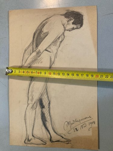 Dessin Expressionniste Portrait Crayon Papier Homme  1913 Art Déco Etude Drawing