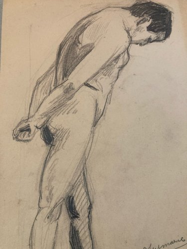 Dessin Expressionniste Portrait Crayon Papier Homme  1913 Art Déco Etude Drawing