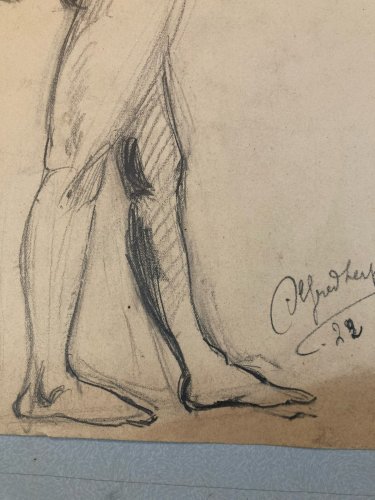 Dessin Expressionniste Portrait Crayon Papier Homme  1913 Art Déco Etude Drawing
