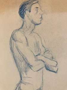 Dessin Expressionniste Portrait Crayon Papier Homme  1914 Art Déco Etude Drawing