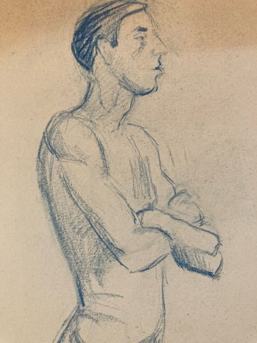 Dessin Expressionniste Portrait Crayon Papier Homme  1914 Art Déco Etude Drawing