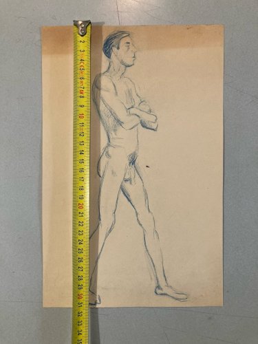 Dessin Expressionniste Portrait Crayon Papier Homme  1914 Art Déco Etude Drawing