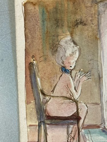 Dessin Femme Assise Dame Gouache Aquarelle 1960 Sur Papier A Identifier
