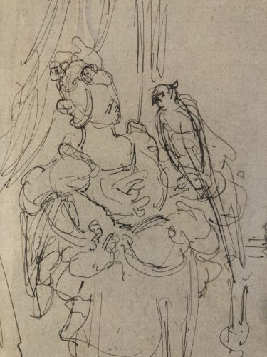 Dessin Femme Au Perroquet Coco Lavis Encre XIXe Romantisme Art Ancien 1850