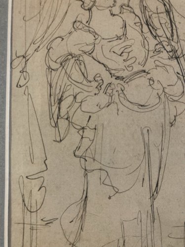 Dessin Femme Au Perroquet Coco Lavis Encre XIXe Romantisme Art Ancien 1850