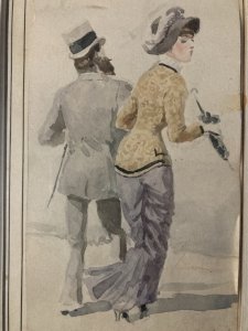 Dessin Femme Élégante Léon Joseph VOIRIN  Aquarelle  1880 Ancien Art Signé
